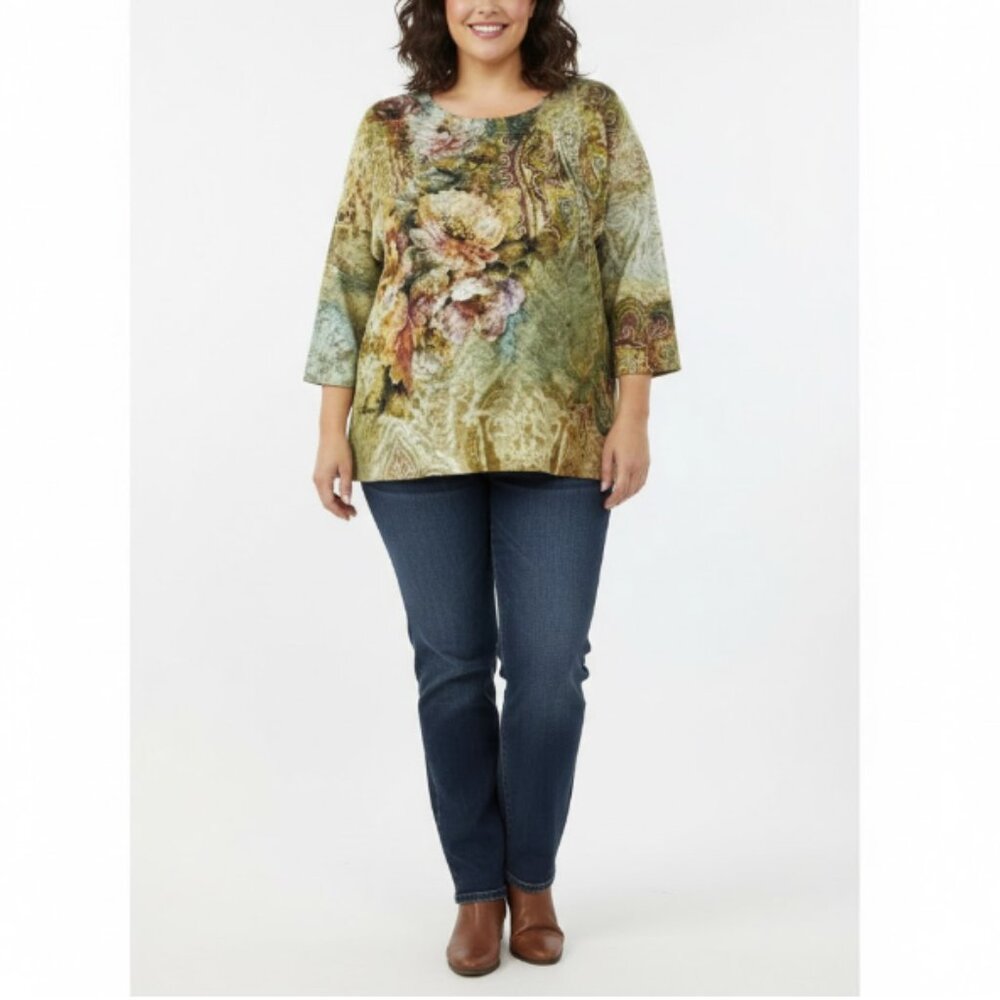 Chico's size XL/3 Green Brown Floral Split Neck Mesh Stretch Artsy Boho Blouse